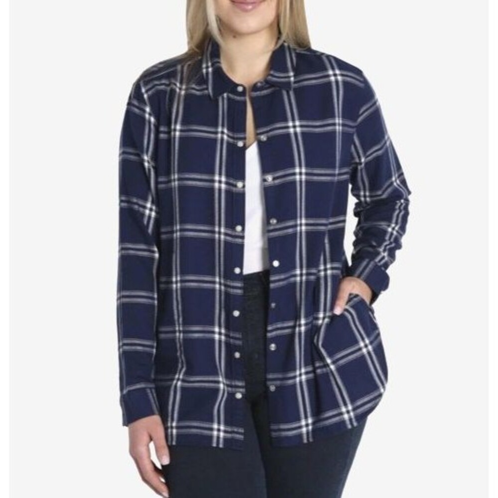 Jachs Girlfriend Women's Pearl Snap Soft Feel Plaid Flannel Shirt Medium Blue